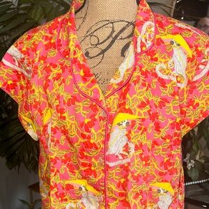 Vibrant Floral with Monkeys with ruffles on pants size large Pajama Set🖤